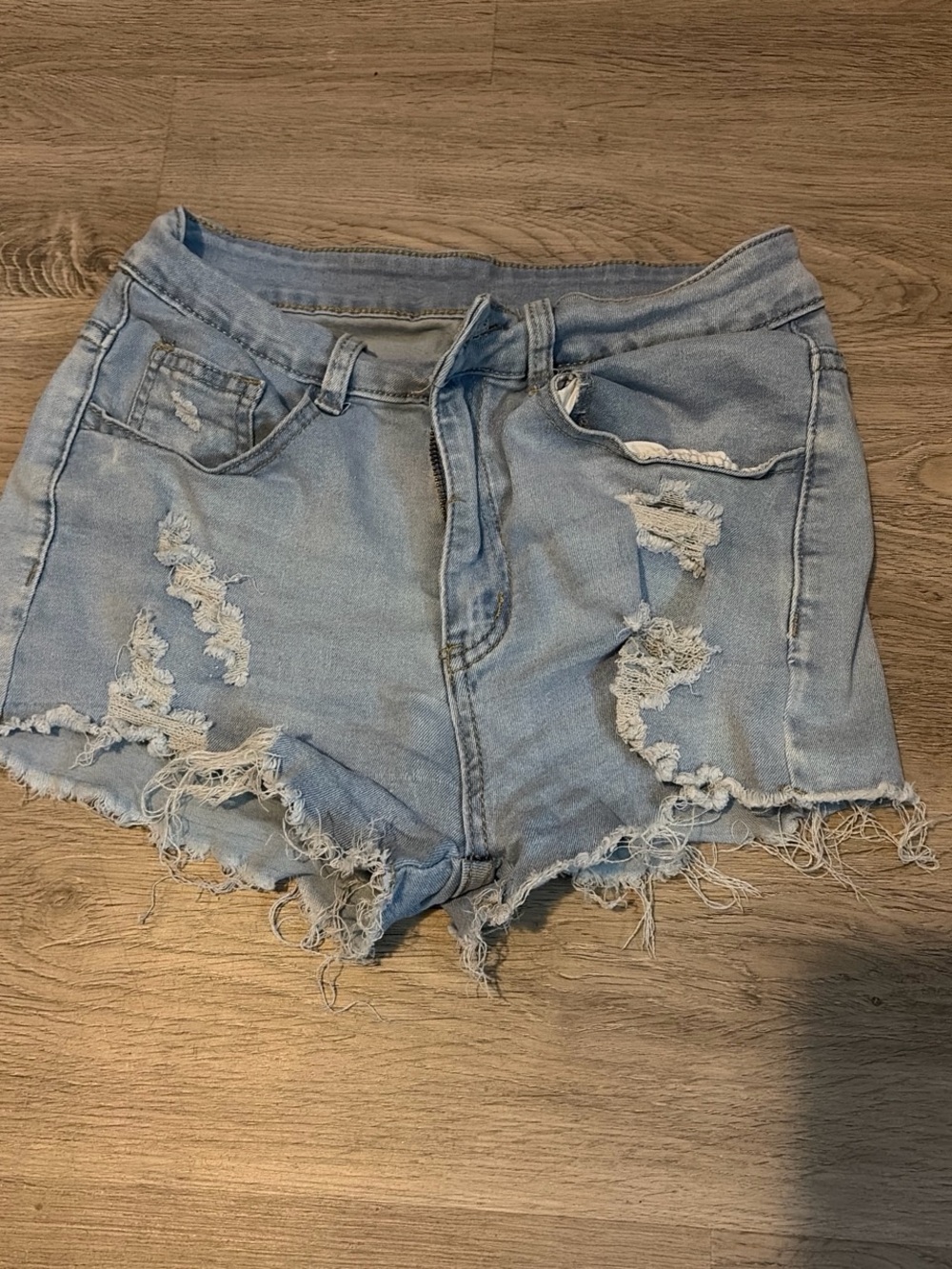 Light Blue Distressed Denim Shorts - Women